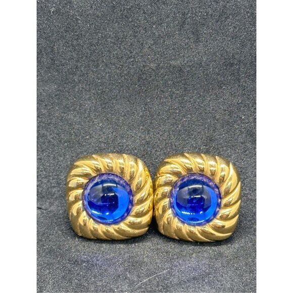 VINTAGE Blue And Gold tone Pierced Studs Earrings Vintage 80s 90s MINOR WEAR GOO - Picture 1 of 4